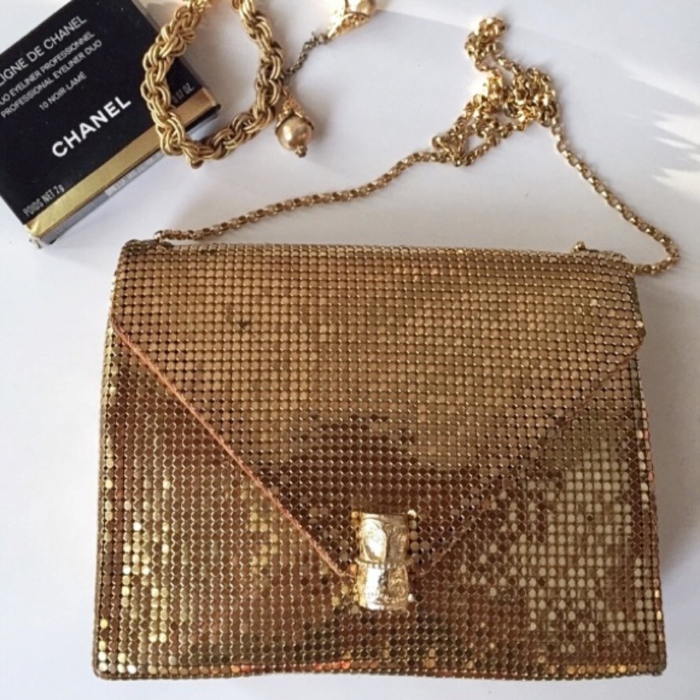 WHITING & DAVIS GOLD METAL MESH SINGLE FLAP BAG